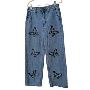 Fashion Nova Butterfly Print Wide Leg Baggy High Rise Jeans Juniors Size 9 Y2K